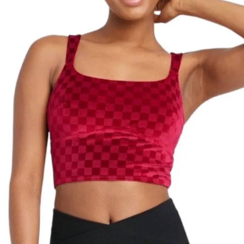 New Colsie Women's Size Medium Red Checkered Velvet Brami Crop Top NWT